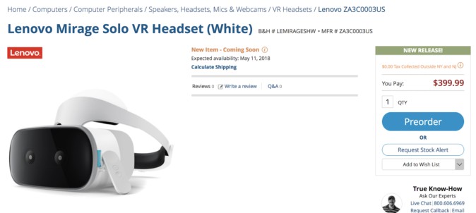 レノボ、一体型VRヘッドセットMirage Soloを米国で5/5発売 価格は400 