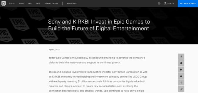 Epic GamesがソニーとKIRKBIより合計20億ドルを調達、メタバース構築さらなる推進 | Mogura VR